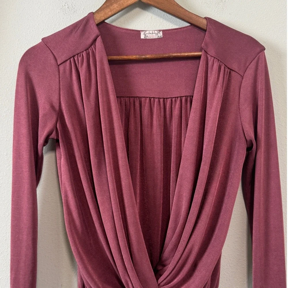 Free People Turnt Bodysuit Maroon Plunging‎ V-Neck Long Sleeve Draped Wrap Top S